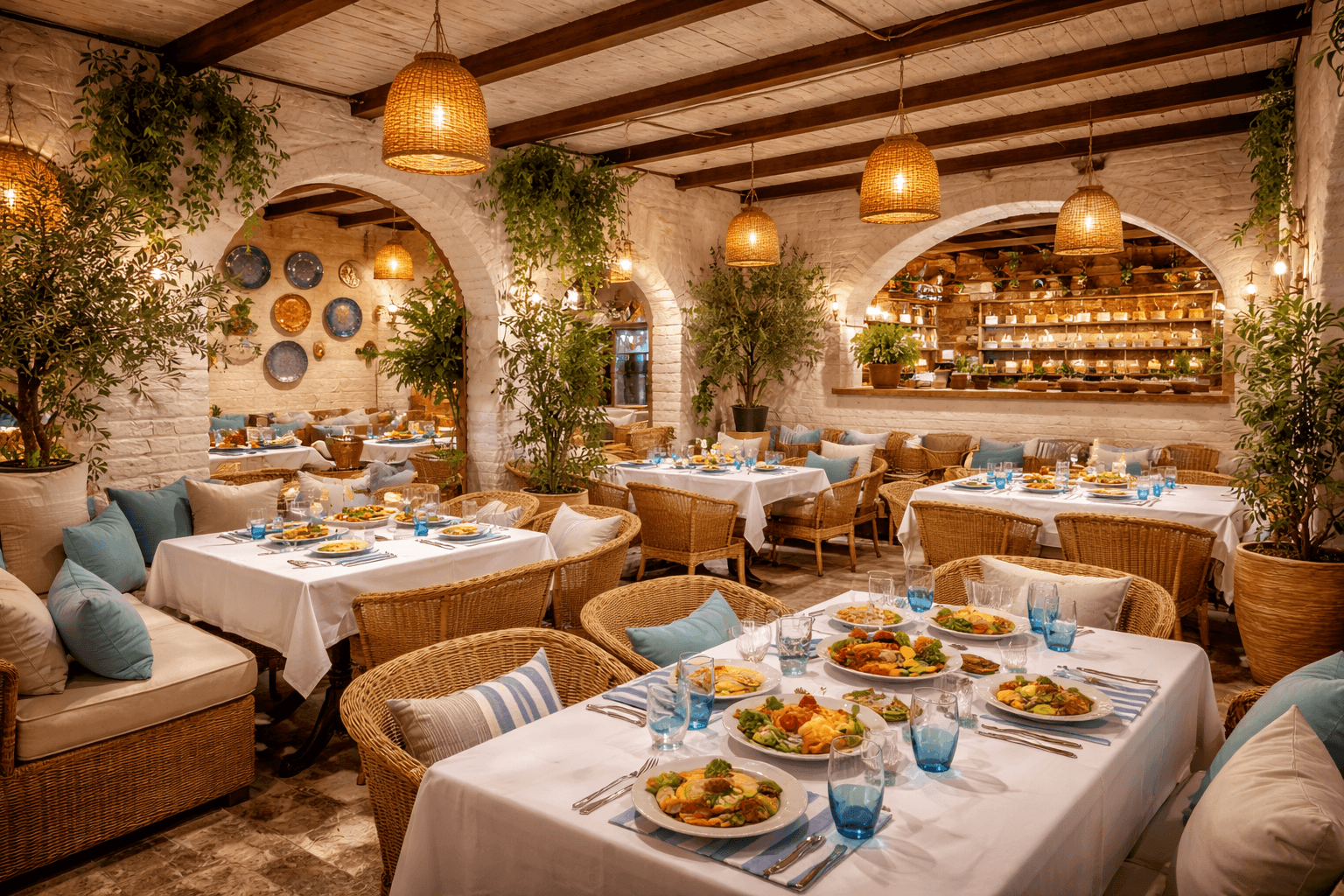 Cena mediterránea en restaurante acogedor