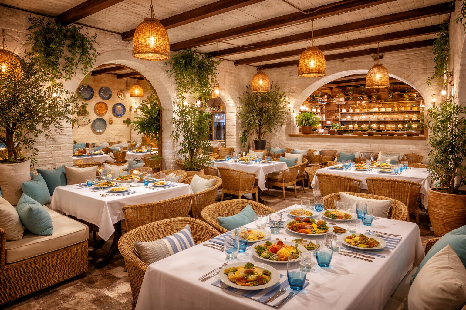 Cena mediterránea en restaurante acogedor